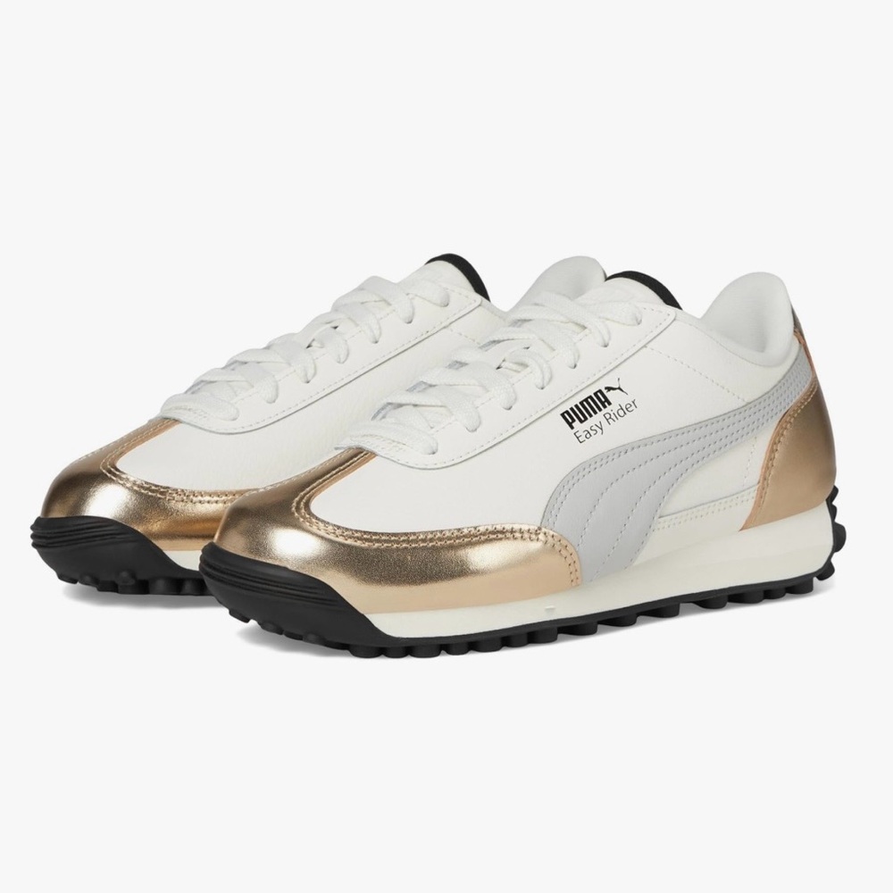 Puma Kids Easy Rider Sneakers - White, Grey, and Metallic Gold. Big kids 5.5